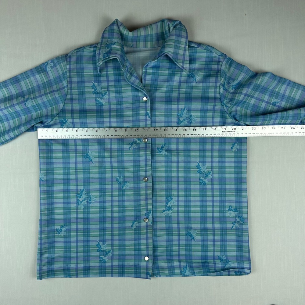 Vintage 70s Blue Green Plaid Leaf Print Snap Button Long Sleeve Shirt - Picture 6 of 7